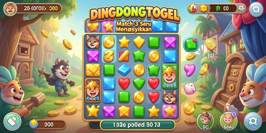 Screenshot DINGDONGTOGEL menampilkan gameplay Match-3 yang seru.