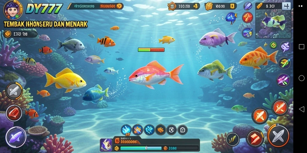 Screenshot utama DY777 menunjukkan aksi seru menembak ikan.