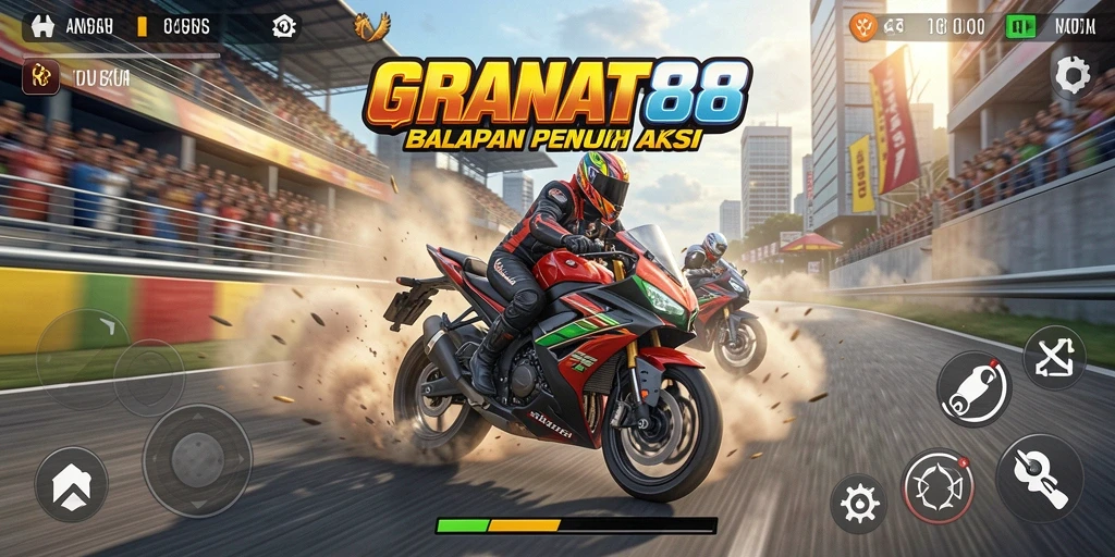 Tangkapan layar menampilkan aksi balapan motor yang mendebarkan.