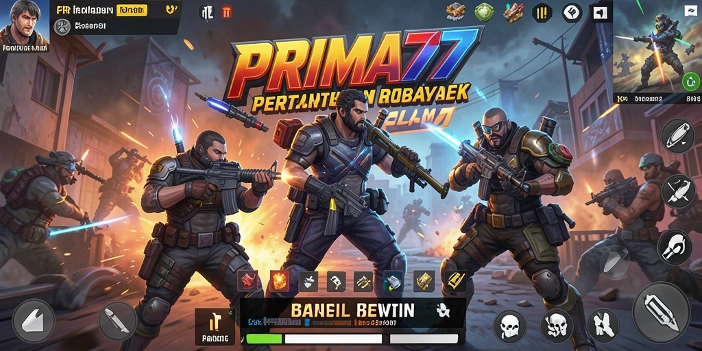 Tangkapan layar utama PRIMA77 menampilkan aksi Battle Royale yang mendebarkan.